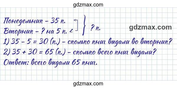 Решение - В понедельник в школьной библиотеке выдали 35 книг, а во вторник - на 5 книг меньше.